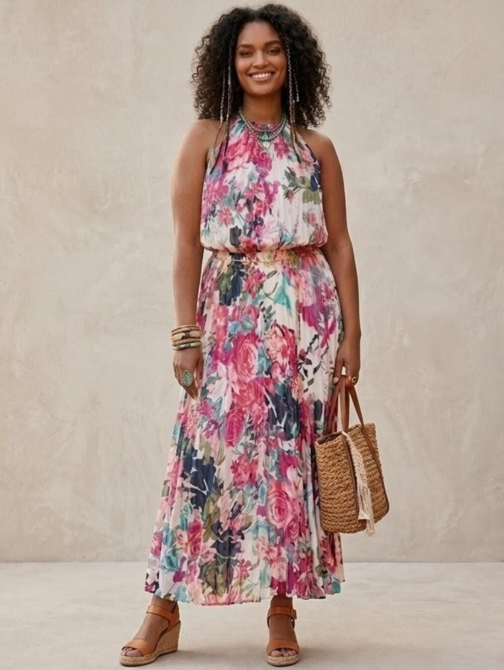 MSK Women's Floral Print Pleated Sleeveless Maxi Dress Size: 16W